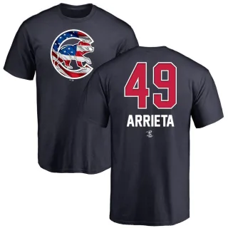 Men's Chicago Cubs Jake Arrieta Navy Name and Number Banner Wave T-Shirt