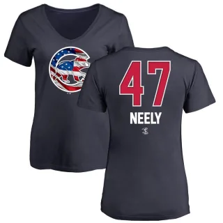 Women's Chicago Cubs Jack Neely Navy Name and Number Banner Wave V-Neck T-Shirt