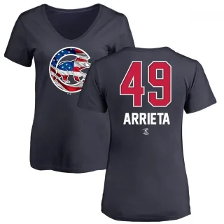 Women's Chicago Cubs Jake Arrieta Navy Name and Number Banner Wave V-Neck T-Shirt